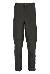 Mustat ulkoiluhousut kevyestä kankaasta, suoralla lahkeella, vetoketjullisilla taskuilla ja vahvistetuilla saumoilla.