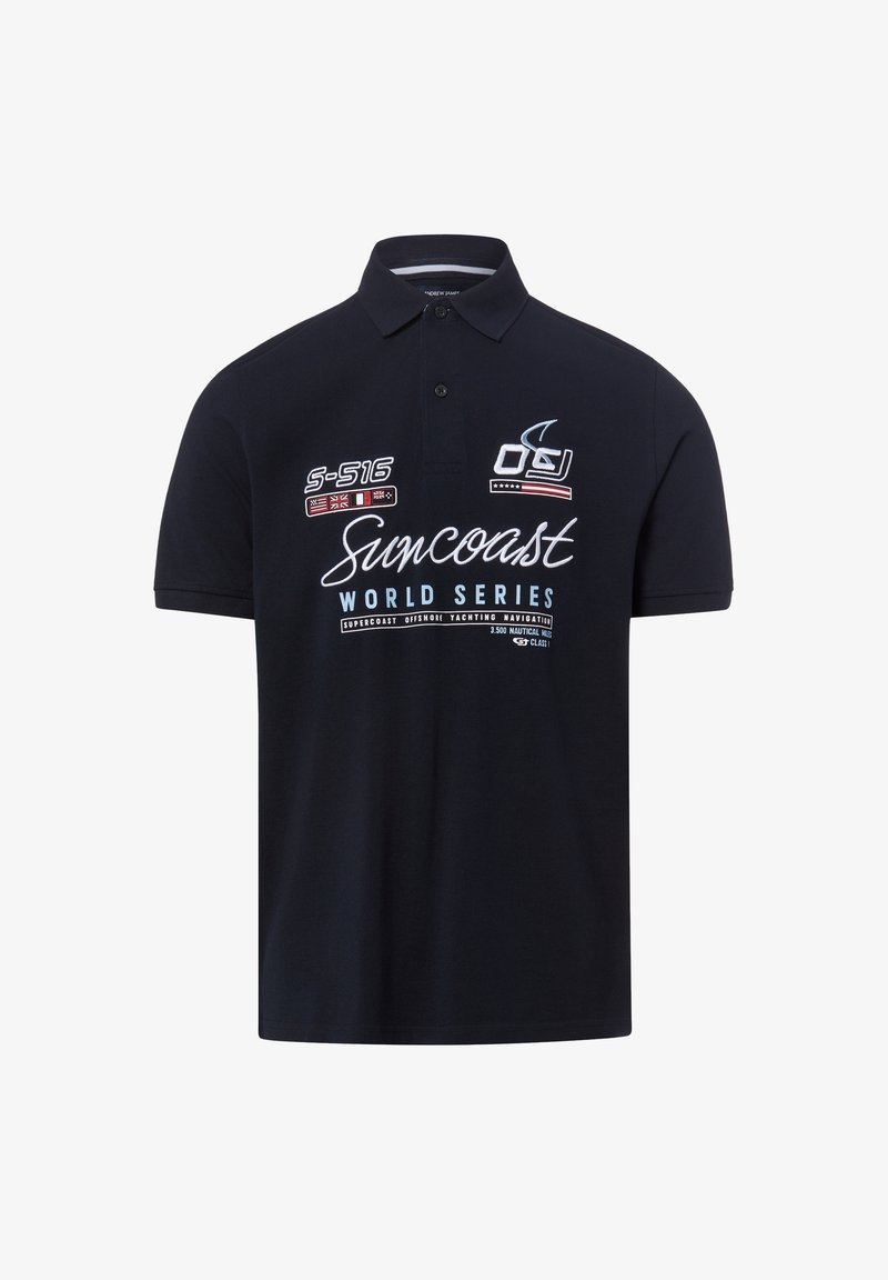 Granatowa koszulka polo z kołnierzykiem, guzikami oraz białym i czerwonym tekstem o tematyce morskiej "Suncoast World Series" na przodzie.