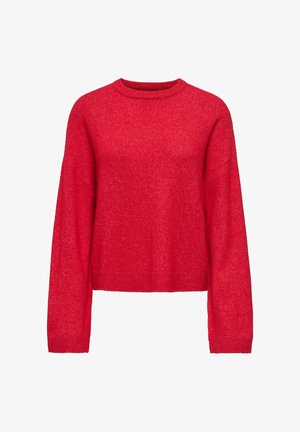 Maglione rosso lavorato a maglia con maniche lunghe, scollo rotondo e vestibilità comoda. Texture morbida con un motivo leggermente screziato su tutta la superficie.