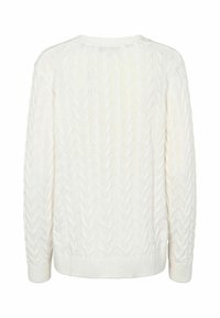Pull blanc à maille torsadée avec manches longues et poignets et ourlet côtelés, vu de dos.