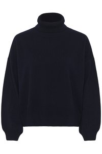Marineblå turtleneck genser laget av mykt strikket stoff. Har en løs passform, senkede skuldre, og ribbestrikkede mansjetter og kant. Enkel design.