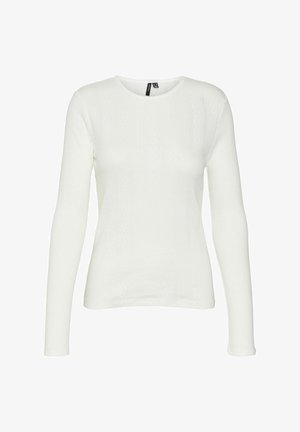 Camisa branca de mangas longas com decote redondo. O tecido possui um padrão texturizado com riscas verticais e detalhes em canelado.