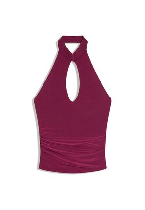 Haut sans manches bordeaux à col halter avec une découpe en forme de trou à la poitrine et un détail de tissu froncé autour de la taille.