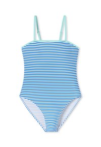 Traje de baño de una sola pieza con tirantes delgados ajustables. Presenta rayas horizontales azules y blancas, hecho de material elástico y con una textura suave.