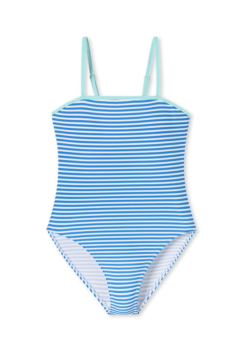 Traje de baño de una sola pieza con tirantes delgados ajustables. Presenta rayas horizontales azules y blancas, hecho de material elástico y con una textura suave.