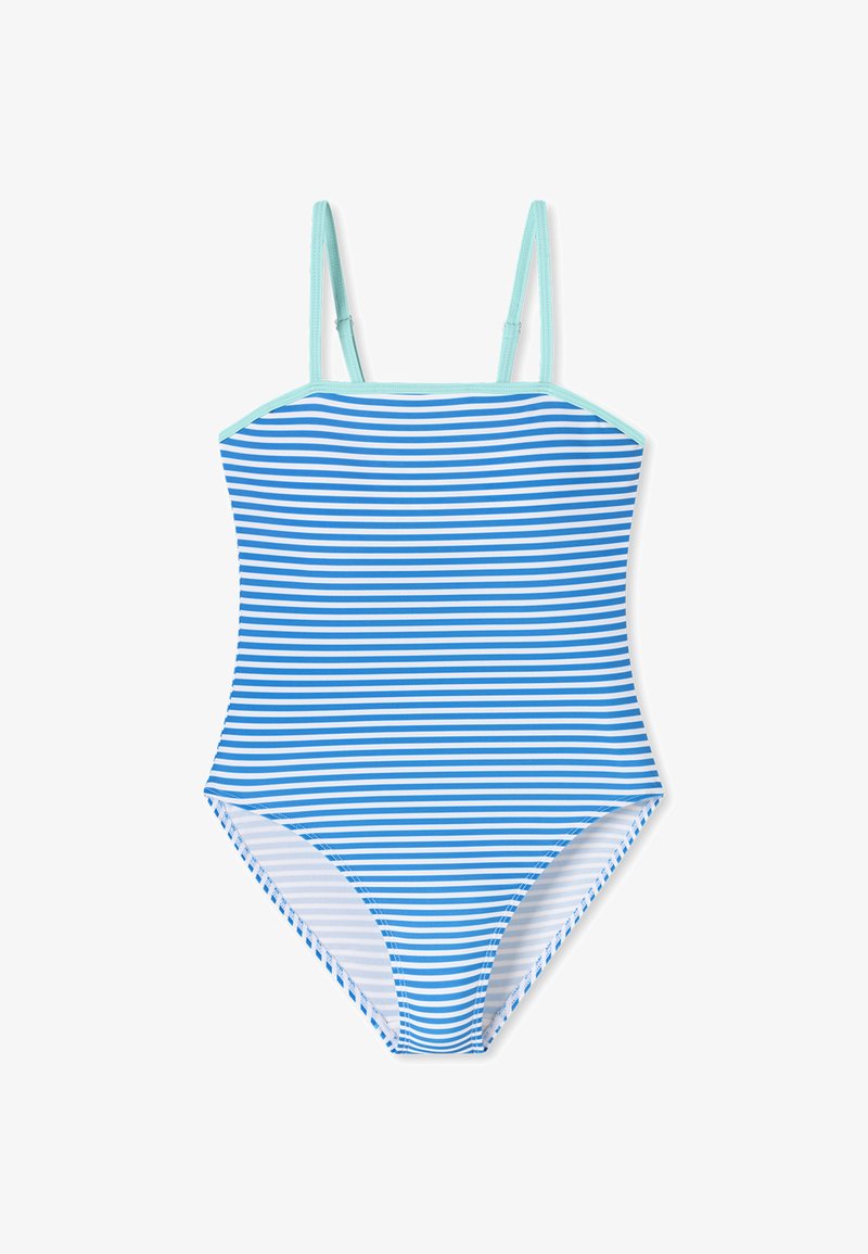 Maillot de bain une pièce avec de fines bretelles ajustables. Présente des rayures horizontales bleues et blanches, fabriqué en matériau extensible, avec une texture douce.