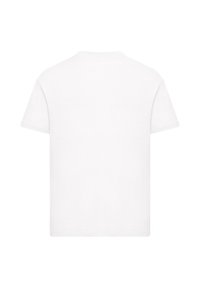 Weißes T-Shirt mit kurzen Ärmeln und klassischem Rundhalsausschnitt, aus Baumwollmaterial gefertigt, mit glatter Textur und normaler Passform, von hinten gezeigt.