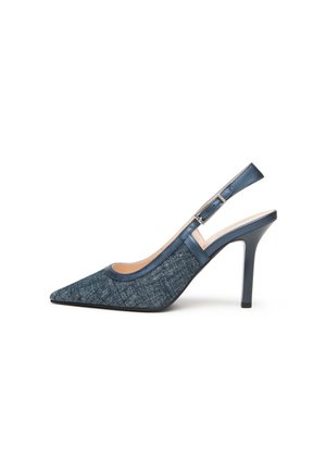 Scarpa décolleté con tacco alto e cinturino slingback blu navy, punta appuntita, tomaia in tessuto strutturato e cinturino regolabile con fibbia.