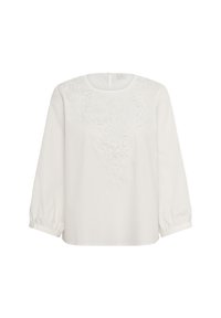 Weiße Bluse mit langen Puffärmeln und einem runden Ausschnitt. Merkmale sind bestickte Details auf der Vorderseite und ein Schlüssellochverschluss im Rücken.