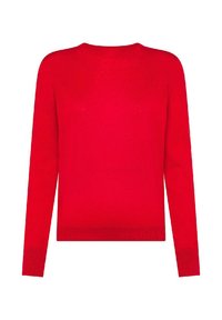 Maglione rosso lavorato a maglia con maniche lunghe, scollo a giro e orlo a coste. Tessuto morbido con un colore uniforme, senza motivi o dettagli aggiuntivi.
