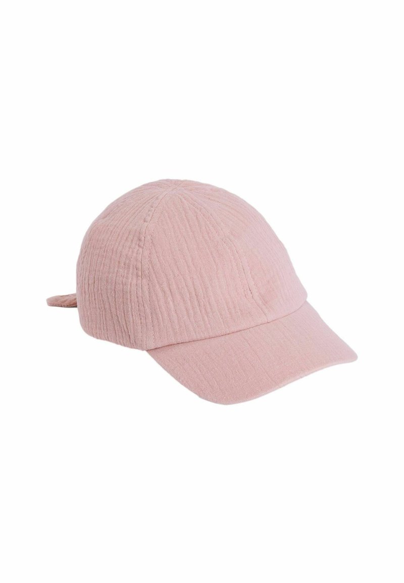 Helles pinkes Cap aus strukturiertem Stoff, nahtloser runder Krone und gebogenem Schirm; mit einem verstellbaren Riemen auf der Rückseite.
