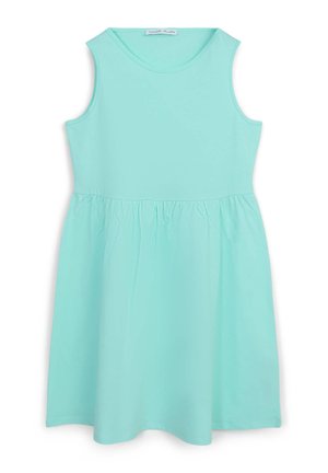 Un vestito senza maniche di colore verde menta, realizzato in tessuto morbido, con vita cintrata e gonna a campana. Semplice scollatura rotonda senza decorazioni.