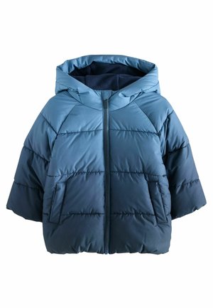 Gewatteerde hoodiejas in een gradient van blauwe tinten. Voorzien van een rits aan de voorkant, zijzakken en een luxe binnenvoering. Boxy ontwerp en gestikte textuur.