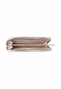 Portafoglio con zip in pelle rosa pallido, dotato di più scomparti per carte e compartimenti. Texture liscia con sottili accenti interni.