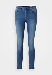 Jeans ajustados hechos de denim de peso medio, con un color azul desgastado, diseño de cinco bolsillos y una textura suave con un ligero estiramiento.