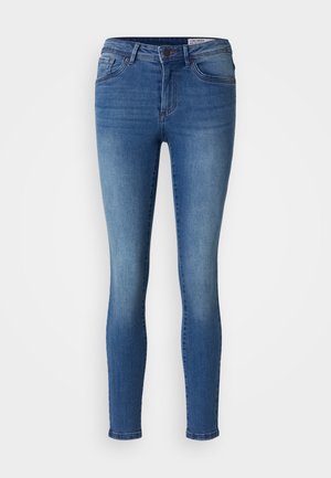 Jeans skinny feitos de denim de peso médio, com uma cor azul desbotada, design de cinco bolsos e uma textura suave com um ligeiro stretch.