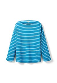 Camicia a maniche lunghe a strisce blu con ampie righe orizzontali bianche. Tessuto morbido con una vestibilità ampia e un'ampia apertura del collo.