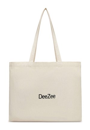 Beige lærredsnettaske med lange håndtag og "DeeZee"-logo trykt i sort centreret på forsiden.