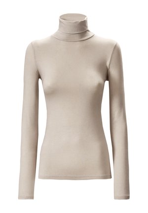 Maglione beige a maniche lunghe con collo alto, realizzato in un tessuto liscio ed elastico con una silhouette aderente. Senza fantasie né decorazioni.