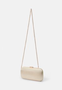 Borsa a tracolla in satin beige con una forma arrotondata, una tracolla in metallo color oro e una chiusura a scatto. Tessuto liscio e dettagli di cucitura sottili.