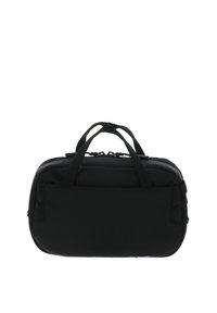 Sac de voyage rectangulaire noir en tissu souple avec double poignées et une poche avant plate sur un fond blanc.