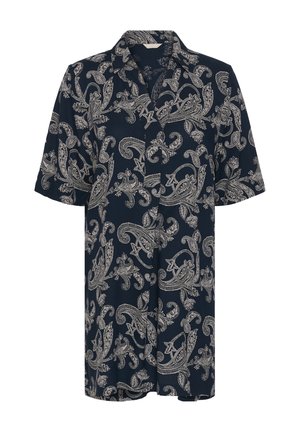 Chemise bleu marine à manches courtes boutonnée avec un imprimé paisley et floral crème complexe, dotée d'un col classique et d'une coupe décontractée.