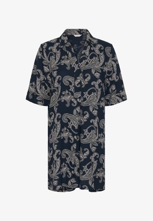 Chemise bleu marine à manches courtes boutonnée avec un imprimé paisley et floral crème complexe, dotée d'un col classique et d'une coupe décontractée.
