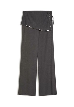Dark gray wide-leg pants with an asymmetrical waist flap edge trimmed with small shiny sequins and a side tie.