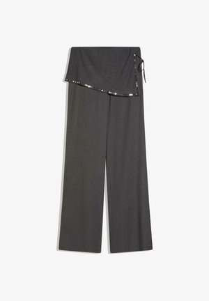 Dark gray wide-leg pants with an asymmetrical waist flap edge trimmed with small shiny sequins and a side tie.