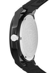 Black watch featuring a stainless steel case back with engravings, a textured surface, and a prominent crown on the side. Rubber strap included.