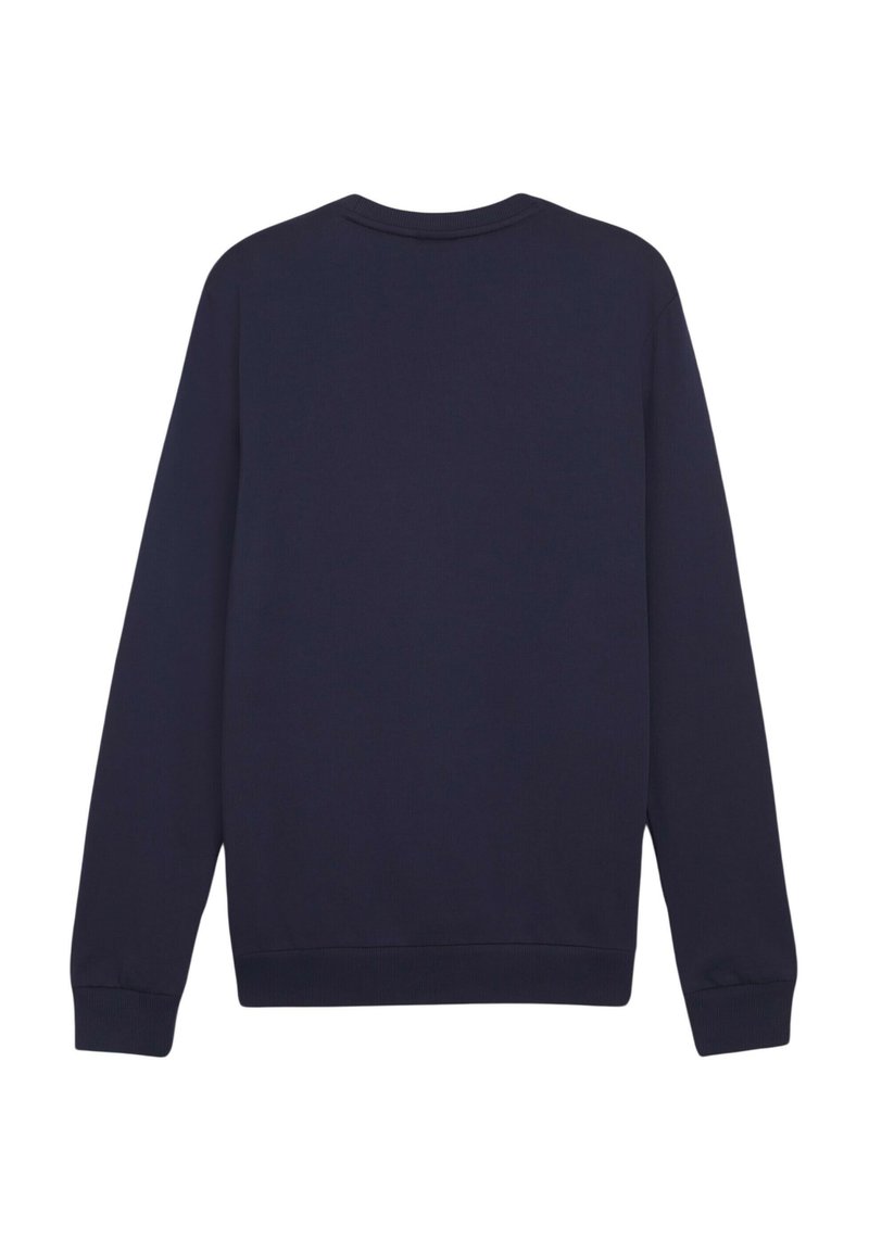 Felpa bleu navy, tessuto di peso medio, colletto a girocollo, maniche lunghe, polsini e orlo a coste, texture liscia, design semplice.