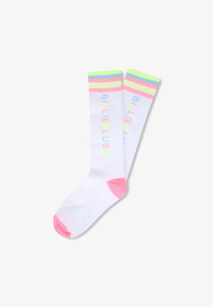 Chaussettes montantes en mélange de coton, avec une base blanche ornée de rayures rose néon, bleu et vert, et le texte "BILLEBLUSH" en couleurs pastel.