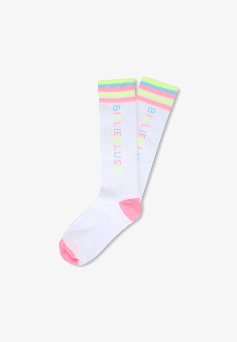 Chaussettes montantes en mélange de coton, avec une base blanche ornée de rayures rose néon, bleu et vert, et le texte "BILLEBLUSH" en couleurs pastel.