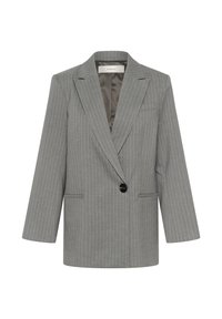 Sacou gri cu dungi subțiri, cu un singur buton negru, rever cu șanț, două buzunare frontale și căptușeală de satin.