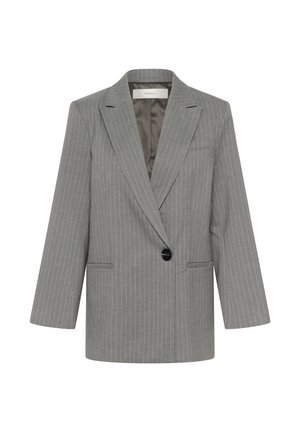 Sivi blazer s prugama s jednim crnim gumbom, reverima, dva prednja džepa i satenastim unutrašnjim oblogom.