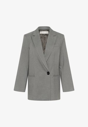 Grijze krijtstreep blazer met enkele zwarte knoop, notch revers, twee voorzakken en satijnen voering.