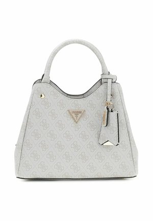 Sac à main Guess gris clair avec motif monogramme, anses supérieures, plaque logo et étiquette décorative dorées sur le devant.