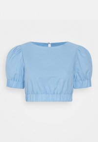 Top curto azul claro feito de tecido trançado, com mangas curtas bufantes e bainha elástica. Apresenta um fecho nas costas em forma de buraco de chave.