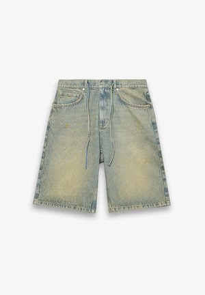 Light blue denim shorts with an elastic drawstring waist, front pockets, and faded texture. Features subtle discoloration and a straight cut.