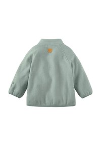 Pullover in pile verde chiaro con colletto alto, maniche raglan e una patch quadrata con logo sulla parte superiore della schiena. Presenta del testo sulla manica sinistra.