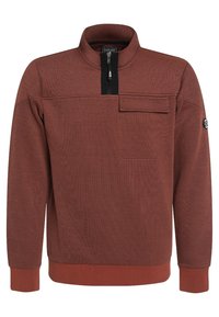 Rotbrauner Pullover mit hohem Kragen, halbem Reißverschluss und Brusttasche. Strukturiertes Material mit gerippten Bündchen und Saum. Schwarzer Akzent am Reißverschluss.