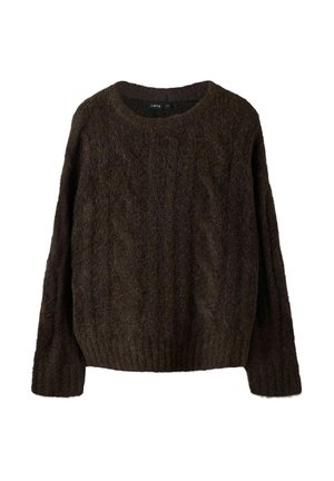 Mørkebrunt, behåret, langærmet sweater med rund halsudskæring samt ribkanter ved ærmer og bund, lavet af mærket LMTD.
