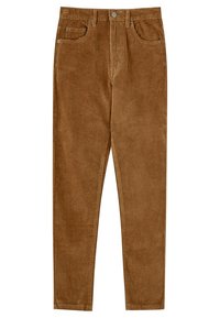 Pantalon slim en velours côtelé marron avec bouton à l'avant, fermeture éclair, passants pour ceinture et design cinq poches.