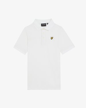 Valkoinen lyhythihainen poolopaita, jossa on kaulus, kolme nappia ja vasemman rinnan kohdalla pieni keltainen linnun logo.