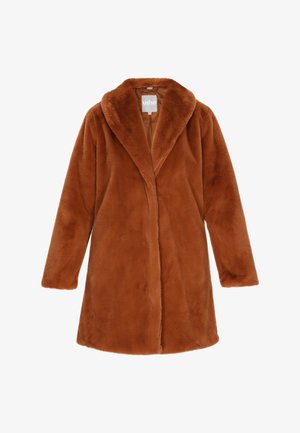 Manteau long en fausse fourrure marron avec un large col et des manches longues, vue de face sur fond blanc.