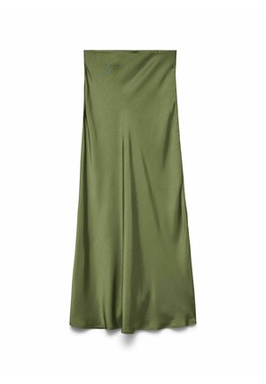 Spódnica z zielonego oliwkowego satynu o zwiewnym kroju, gładkiej fakturze i długości do kolan z subtelnym połyskiem na całej powierzchni.