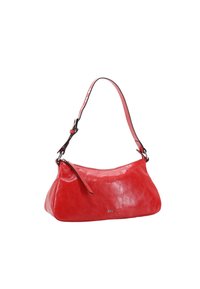 Red leather shoulder bag with a curved shape, adjustable strap, and a zipper closure; features a subtle textured surface and logo detail.