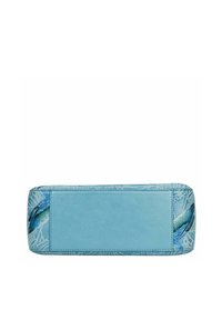 Blaues Lederhandtasche mit einem strukturierten Blumenmuster. Sie hat runde Griffe und ein glattes Bodenpaneel. Die Größe ist mittel und die Form rechteckig.