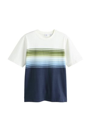 White, blue, and olive-green striped short-sleeve T-shirt with a color-block design featuring horizontal stripes across the chest.