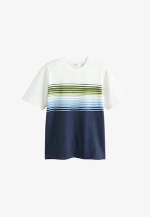 White, blue, and olive-green striped short-sleeve T-shirt with a color-block design featuring horizontal stripes across the chest.